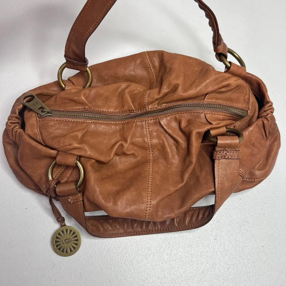 Ugg Australia Leather Hobo Shoulder Handbag Scrunchy Slouchy Cognac Brown